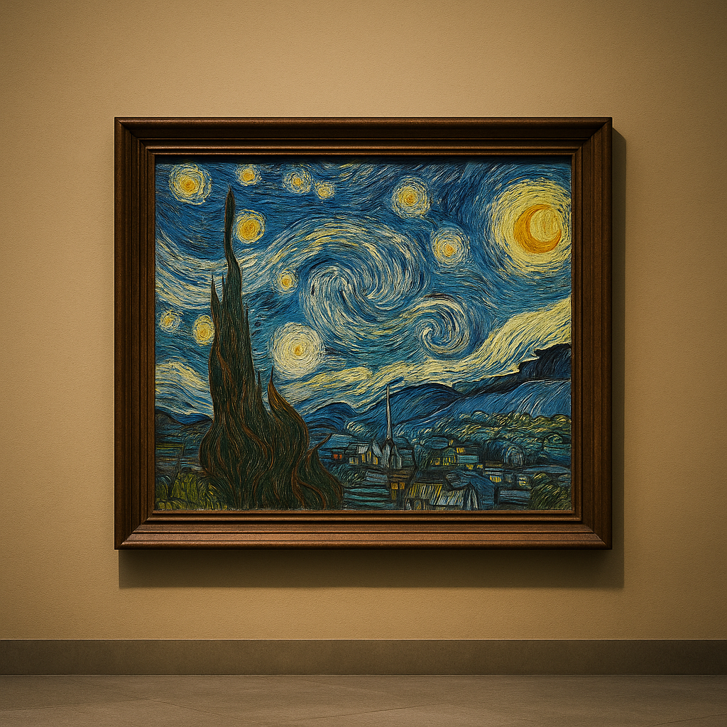 Framed artwork resembling 'Starry Night' on a beige wall