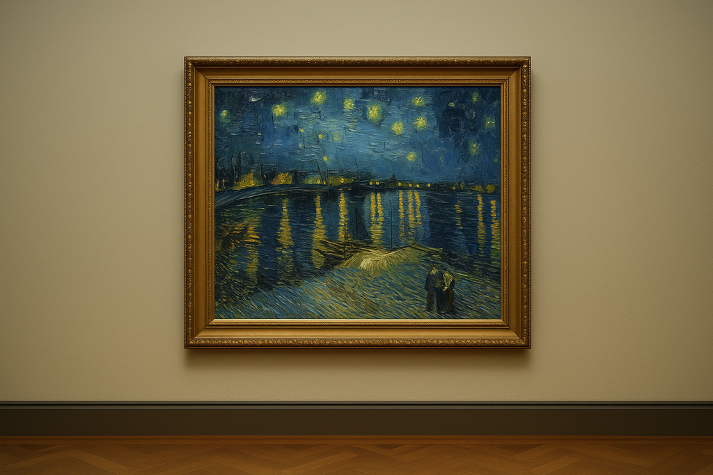 Framed painting of 'Starry Night' by Vincent van Gogh on a beige wall.