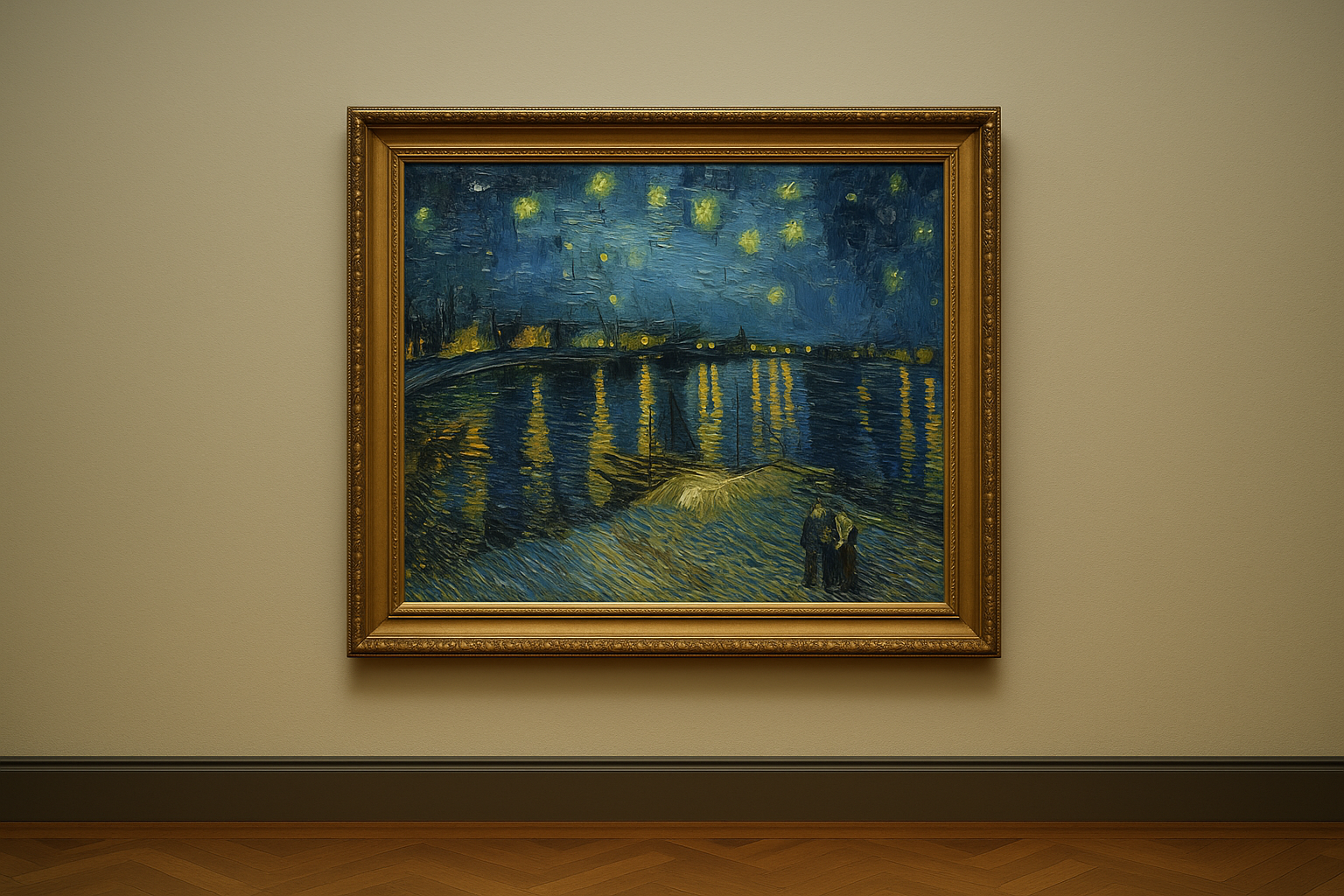 Framed painting of 'Starry Night' by Vincent van Gogh on a beige wall.