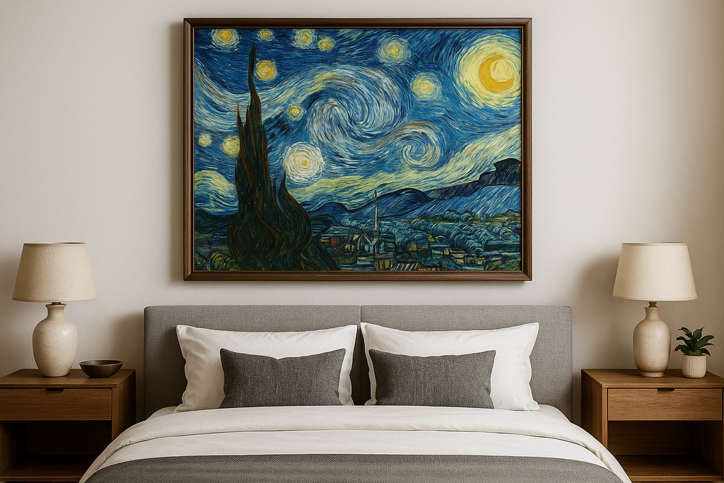 Bedroom with 'Starry Night' painting above the bed