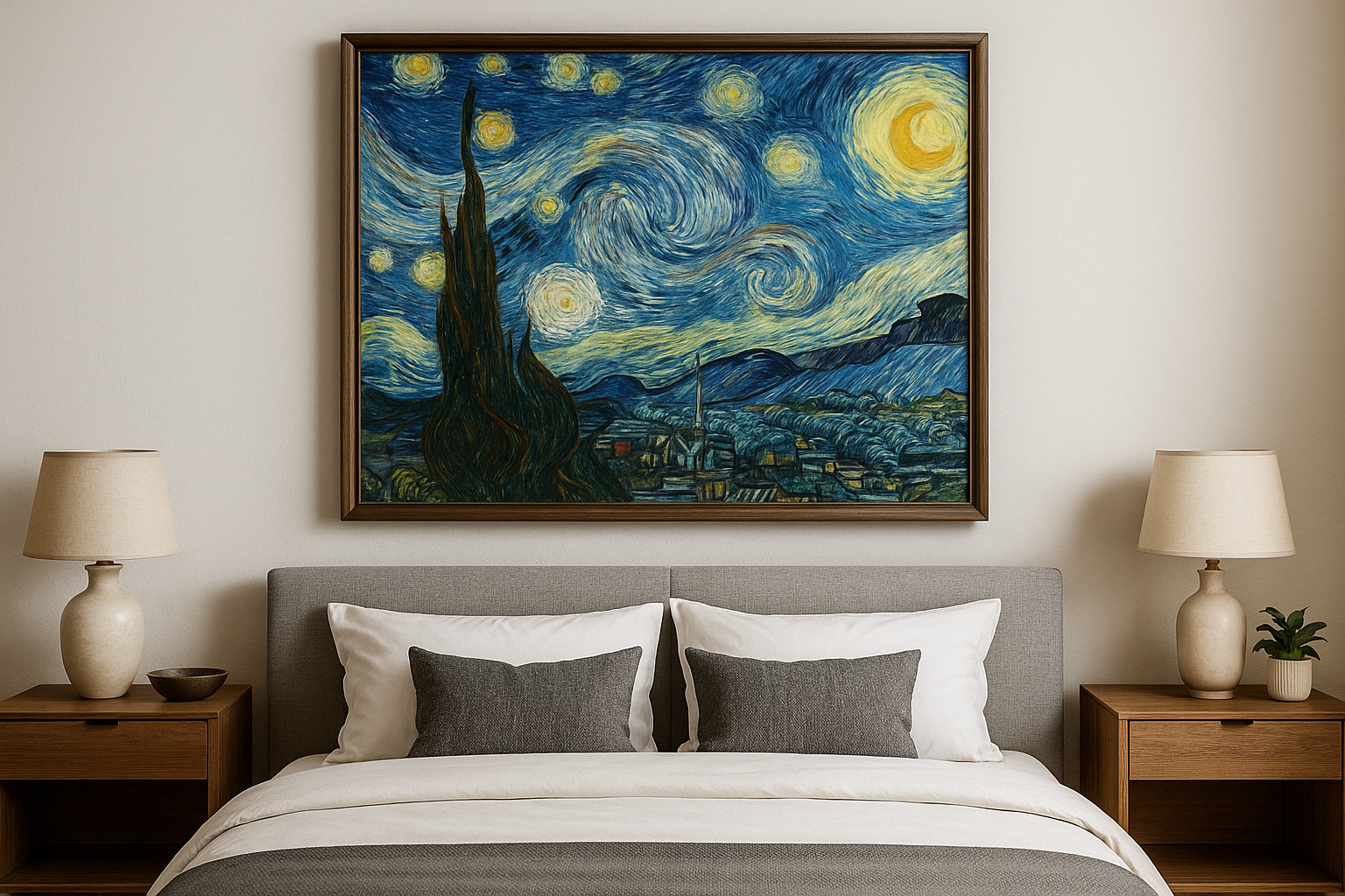 Bedroom with 'Starry Night' painting above the bed