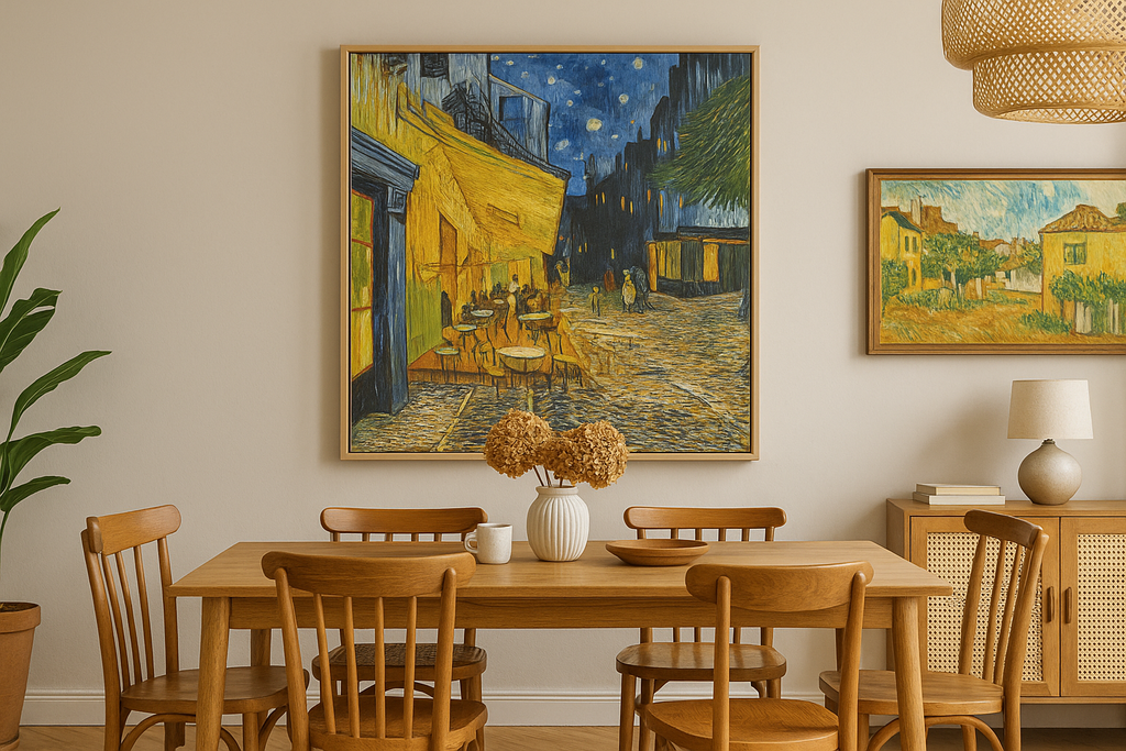 Dining room with wooden table and chairs, featuring Van Gogh paintings on the wall.