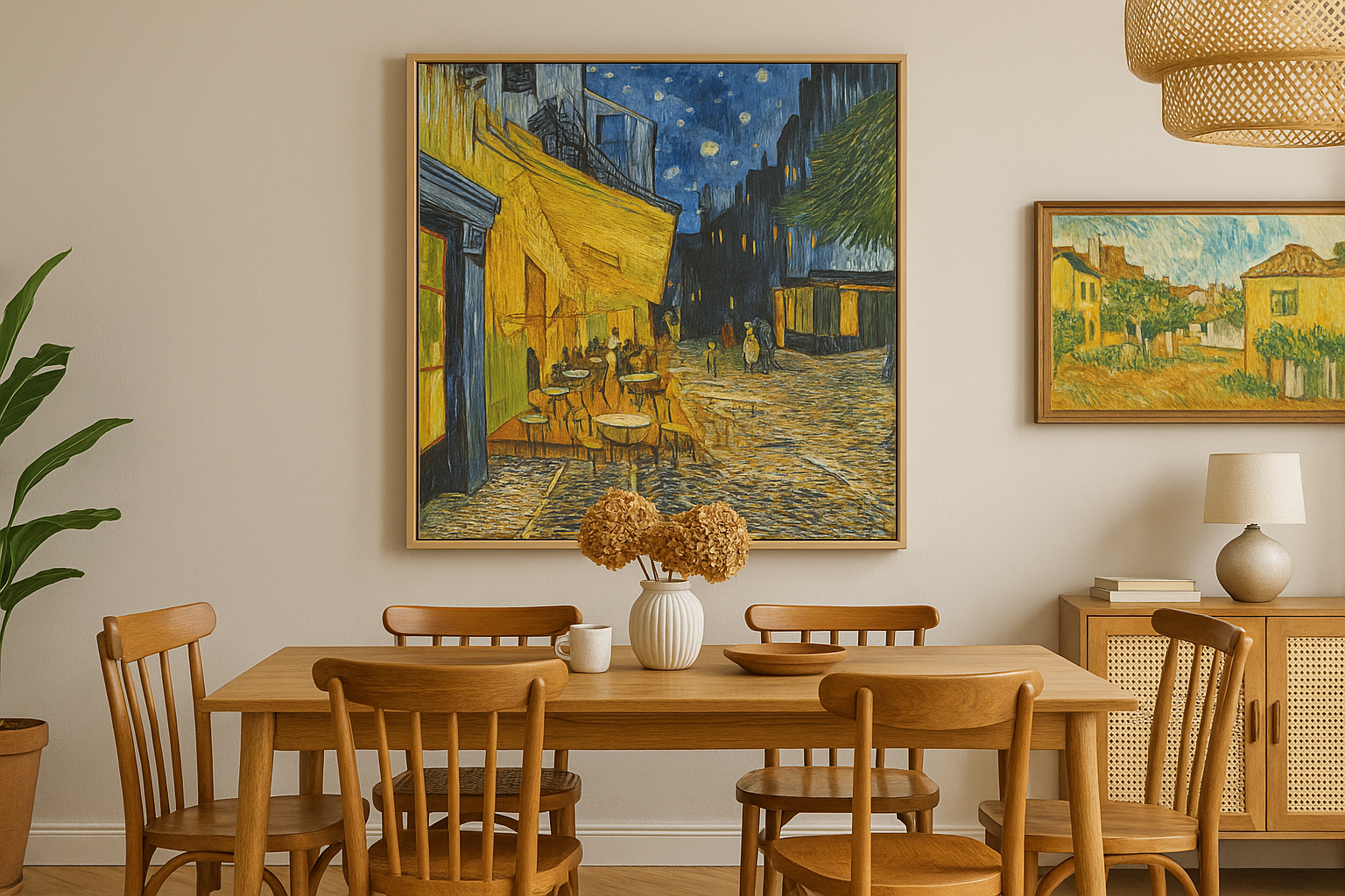 Dining room with wooden table and chairs, featuring Van Gogh paintings on the wall.