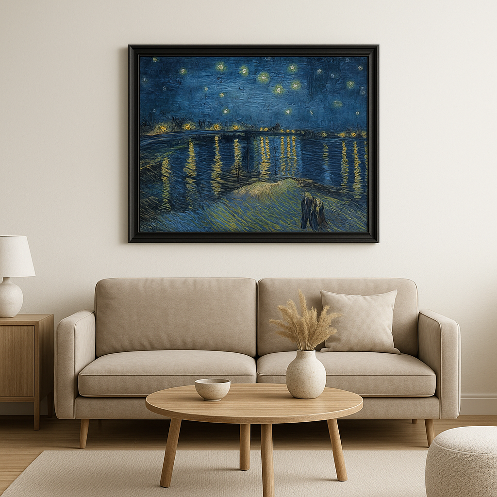 Framed artwork of 'Starry Night' above a beige sofa in a living room.