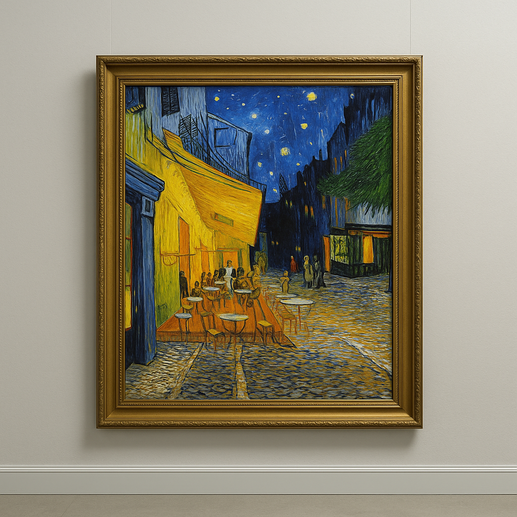 Framed artwork of a street scene with people at tables under a starry night sky.